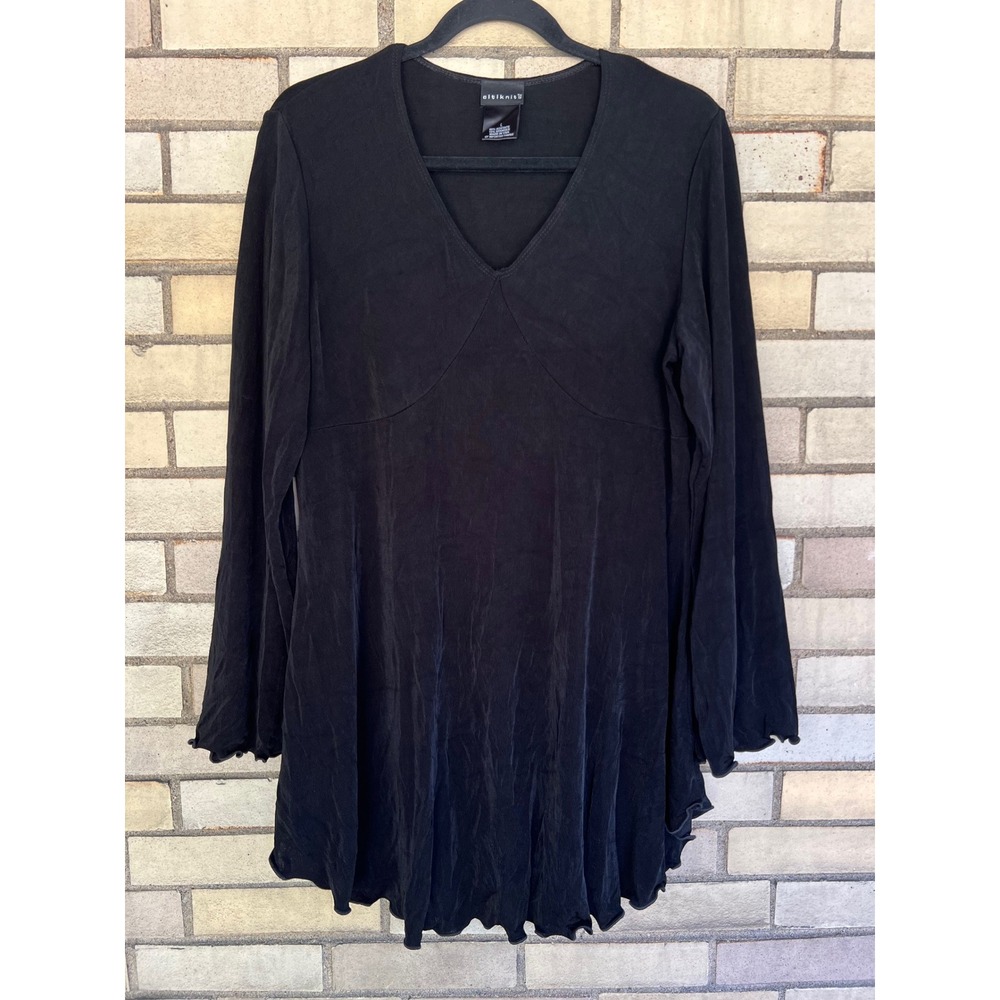 Citiknits Black Long Sleeve Lettuce Edge Tunic Dress Stretchy Size Large Witchy